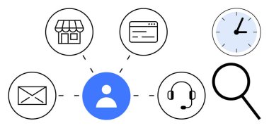 Human figure at the center connecting to icons of shop, email, browser, headset, magnifier, and clock. Ideal for customer service, connectivity, productivity e-commerce communication organization