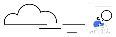 Researcher analyzing a large cloud using a magnifying glass with scattered abstract lines. Ideal for cloud computing, data analysis, research, curiosity, exploration, innovation, simplicity