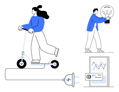 Woman riding electric scooter, figure holding bulb, power plug charging, smartphone with digital Bitcoin graph. Ideal for sustainability, green energy, mobility, creativity, fintech