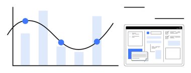 Bar graph with a trend line, data points, and a connected interface dashboard representing insights. Ideal for analytics, data management, productivity, workflow, insights, reporting strategy