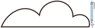 Cloud outline paired with digital pen emitting signal lines. Ideal for technology, innovation, connectivity, remote work, data management, creative tools, collaboration. Simple flat metaphor