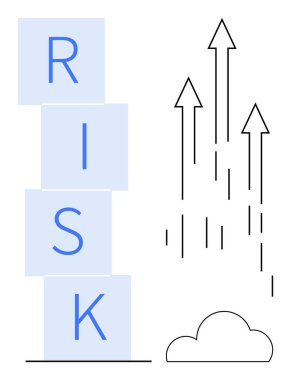 Stacked blocks spelling RISK alongside rising arrows and a cloud. Ideal for business, growth, strategy, ambition, decision-making, uncertainty, and challenges. Simple flat metaphor