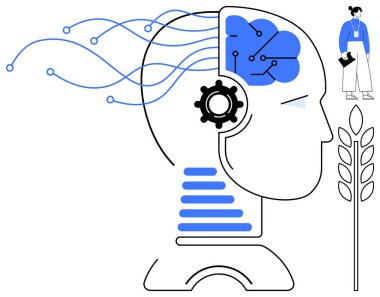 Profile of human head with AI-inspired brain and circuits, gear symbolizing intelligence, grain and person for agriculture and innovation. Ideal for AI, technology, farming, science, ecology