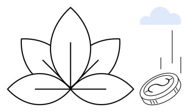 Lotus flower and falling coin from cloud representing nature, wealth, mindfulness, balance, prosperity, abstraction, and simplicity. Ideal for finance, nature meditation harmony eco-consciousness