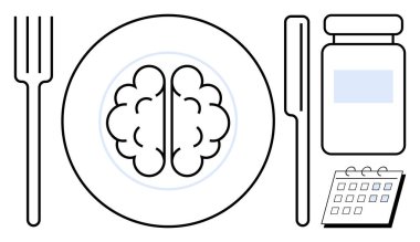 Brain on plate with utensils, supplement bottle, and calendar referring to brain nutrition, cognitive health, and planning. Ideal for wellness, diet, memory, mindfulness research health care