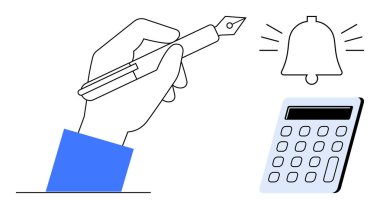 Elinizde bir kalem, zil ve organizasyon ve planlamayı temsil eden bir hesap makinesi var. Üretkenlik, zaman yönetimi, hatırlatıcılar, eğitim, finansal planlama için ideal. Basit.