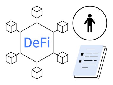 DeFi metin ile bloklar ağı, bir daire içinde kullanıcı simgesi ve istiflenmiş belgeler. Engelleme zinciri, finans, ademi merkeziyet, akıllı sözleşmeler, kripto para birimi, dijital kimlik dairesi için ideal
