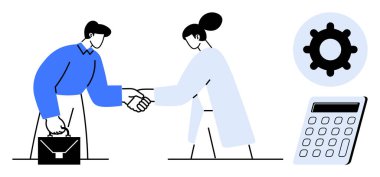 İki profesyonel el sıkışıyor, evrak çantası ellerinde, vites ve hesap makinesi simgelerinin yanında. Ortaklık, işbirliği, takım çalışması, iş anlaşmaları, strateji anlaşmaları için ideal. Düz metafor