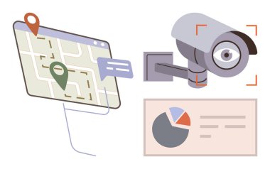 Yol işaretleyicili dijital harita, odak çerçeveli CCTV kamerası, metin elemanlı veri tablosu. Güvenlik, navigasyon, analitik, izleme, konum izleme, teknoloji gizlilik temaları için ideal