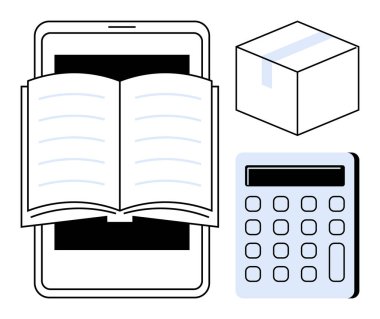 Bir tablet, hesap makinesi ve e-öğrenme, çevrimiçi perakende satış ve kaynak yönetimini temsil eden bir kutu aç. Eğitim, iş, envanter nakliyesi, finans e-ticaret için ideal. Basit düz