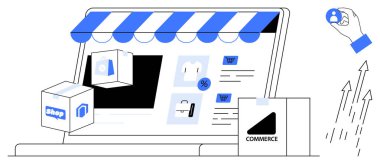 Ürünler, alışveriş arabaları ve indirimler için ikonlar, dağıtım kutuları, analitik oklar ve kullanıcı kartıyla dizüstü bilgisayar önü. E-ticaret, çevrimiçi alışveriş, dijital pazarlama, perakende arzı için ideal