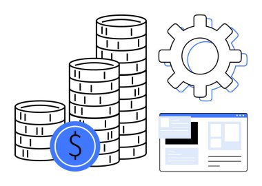 Bir dolar işareti olan bozuk para yığınları, bir vites sembolize etme süreci, ve bir web sitesi modeli. Finans, teknoloji, iş stratejisi, yatırım, üretkenlik, dijital yenilik ekonomik büyüme için ideal