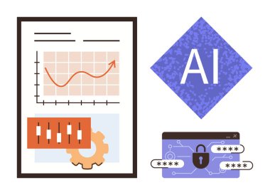 Yükselen trend, ticaret ölçümleri, teçhizat, yapay zeka etiketi ve kilitli verilerle birlikte siber güvenlik kavramına sahip veri grafiği. Teknoloji, yapay zeka, analitik, finansal güvenlik yenilik otomasyon temaları için ideal