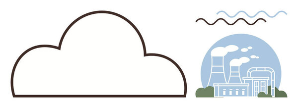 Large outlined cloud next to factory with smoke stacks emitting gases, waves representing pollution or atmosphere change. Ideal for environment, pollution, sustainability, industry, emissions, air