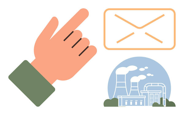 Hand gesture interacting with email communication, depicting industrial area with a factory and cooling towers. Ideal for communication, technology, environment, pollution awareness, industry