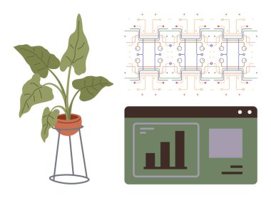 Büyümeyi sembolize eden saksı bitkisi, teknolojik yeniliği temsil eden devre tasarımı ve veri analizi için gösterge paneli. Sürdürülebilirlik, teknoloji, büyüme, çevre, yenilik ve analitik için ideal