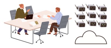 Bir dizüstü bilgisayar, belgeler ve cihazlarla toplantı masasında strateji oluşturan iki adam. Duygularını ifade eden yapay zeka robotları ve minimalist bulut tasarımı. Yapay zeka, bulut teknolojisi, takım çalışması ve yenilik için ideal.