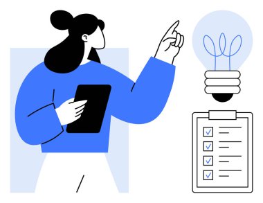 Parlak ampulde el kol hareketi yapan ve yaratıcılığı, yeniliği ve verimliliği simgelemek için listeyi tamamlayan bir kadın. Planlama için ideal, takım işbirliği, beyin fırtınası, teknoloji