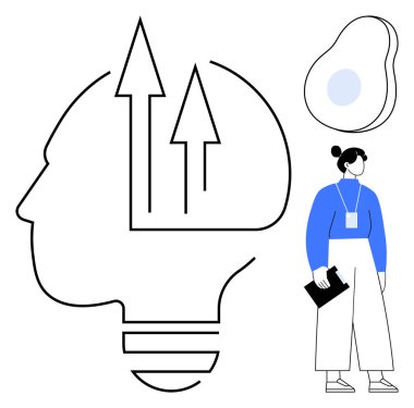 Baş hatları yukarı doğru olan oklar büyümeyi temsil ediyor, kadın elinde pano, soyut şekilli. Yenilik, liderlik, kariyer, yaratıcılık, analitik, eğitim takım çalışması için idealdir.