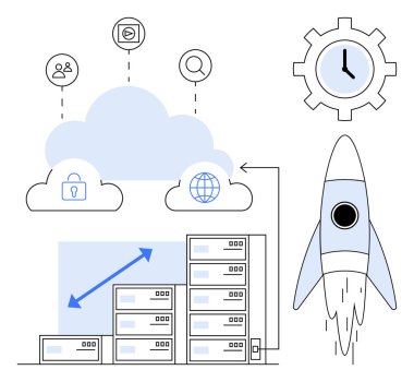 Güvenli depolama, veri değişimi ve ölçeklenebilirliğe sahip bulut hesaplama simgeleri itici roketlerle çevrili, bu da büyümeyi gösteriyor. Bulut çözümleri, veri yönetimi, ölçeklendirilebilirlik stratejisi, siber çözümler için ideal