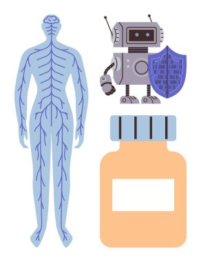 Kalkanı ve ilaç şişesi olan yapay zeka robotunun yanında insan sinir sistemi diyagramı. Sağlık hizmetleri, yapay zeka, biyoteknoloji, dijital sağlık, nöroloji, yenilik, basit daire