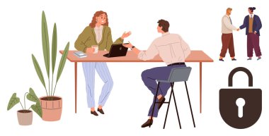 Masada işbirliği yapan iki iş arkadaşı, arka planda tokalaşma, saksı bitkileri ve bir güvenlik kilidi ikonu. Takım çalışması, iletişim, iş, gizlilik güvenliği iş hayatı dengesi için idealdir. A