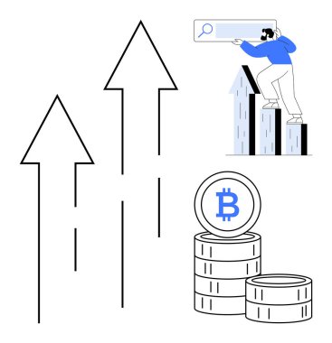 Birikmiş şifreli paralar, büyümeyi simgeleyen yukarı doğru oklar ve arama verilerini analiz eden bir kişi. Finans, kripto para birimi, engelleme zinciri, yatırım, teknoloji trendleri pazarlama için ideal. Basit.