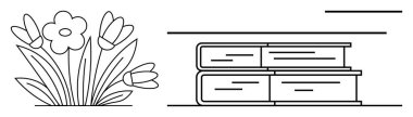 Yığılmış kitapların yanında açan çiçekler doğanın ve öğrenmenin uyumunu sembolize eder. Eğitim, kişisel büyüme, yaratıcılık, bahar, okuma, sürdürülebilirlik, denge, basit düz metafor