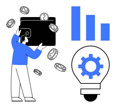 Cüzdanı bozuk paralarla çevrili bir adam, mavi çizelge, içinde teçhizat olan ampul. Finans, yatırım, yenilik, tasarruf, yönetim stratejisi girişimciliği için ideal. Basit düz metafor