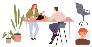 İki meslektaş bir masada laptopla, kahveyle, kitaplarla, bitkilerle ve bir sandalyeyle çalışmayı tartışıyor. Takım çalışması, iletişim, işyeri, beyin fırtınası işbirliği günlük toplantılar ve ofis için ideal