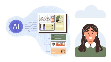 Analitik gösterge paneline bağlı yapay zeka sistemi grafikleri, grafikleri ve gülümseyen bir profesyoneli var. Teknoloji, yenilik, veri analizi, yapay zeka, kullanıcı dostu takım çalışması için ideal. Basit düz