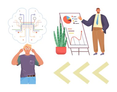 Yenilikleri görselleştiren genç bir adam, dijital bağlantılar, analizleri gösteren bir sunucu. Yenilik, eğitim, takım çalışması, veri analizi, yaratıcı düşünme, problem çözme için ideal