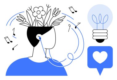 Kafasında çiçekler olan soyut kişi hayal gücünü, müzik notaları ilhamı, ampul ve kalp ise yenilik ve tutkuyu simgeler. Yaratıcılık, müzik ve ilham için ideal