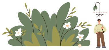 Kurumuş bitki kökü sistemi, yemyeşil yapraklar ve çiçekler, düşünceli bir şekilde ayakta duran insan. Çevre koruma, büyüme, yansıma, sürdürülebilirlik, doğa bağlantıları, ekoloji için ideal