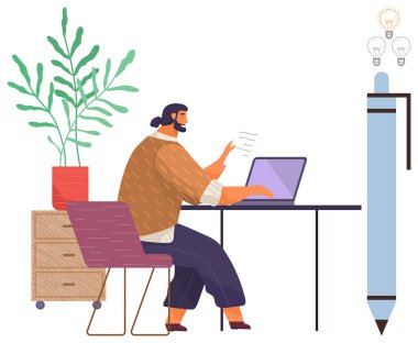 Masada oturan dizüstü bilgisayarda yazan kişi, yanında bitki olan çekmece, büyük boy kalem, yukarıda parlayan fikir ampulleri. Yaratıcılık, uzak çalışma, üretkenlik, yenilik, modern çalışma alanı eğitimi için ideal