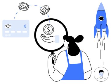 Kadın figürü parayı büyüteç, kredi kartı, bozuk para ve roket ile inceliyor. Gelişmeyi simgeliyor. Finans, yenilik, girişim, yatırım ekonomisi para yönetimi büyümesi için idealdir. Basit düz