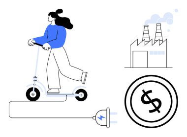 Elektrikli scooter kullanan bir kadın güç kaynağına bağlanıp duman ve dolar işareti çemberi oluşturmuş. Sürdürülebilirlik, ulaşım, enerji maliyeti, yeşil teknoloji, kentsel hareketlilik ve ekonomi için ideal