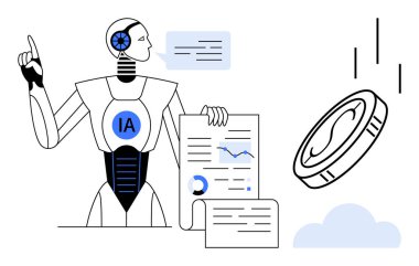 Robot, İçişleri 'nin dosyalarını ve veri tablolarını bir madeni paranın altına etiketledi. Yapay zeka, finans, otomasyon, teknoloji, gelecek, yenilik ve araştırma için ideal. Basit bir düz metafor.