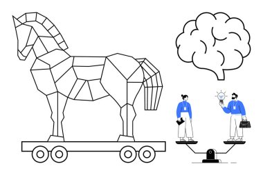 Geometrik Truva atı, soyut beyin, iki iş arkadaşı fikri tartışıyor. Strateji, yenilik, takım çalışması, karar verme, yaratıcılık analizi problem çözme için idealdir. Basit düz