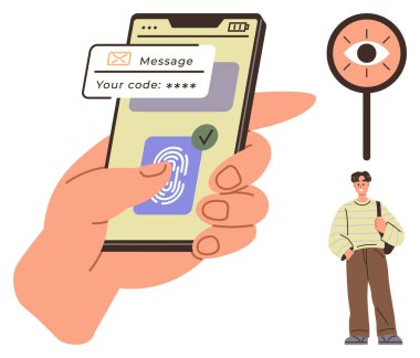 El ele tutuşan akıllı telefon parmak izi taraması ve doğrulama kodu gösteriyor. Göz ikonlu büyüteç, ayakta duran adam. Kimlik denetimi, güvenlik, teknoloji, gizlilik, kimlik ve iletişim için ideal
