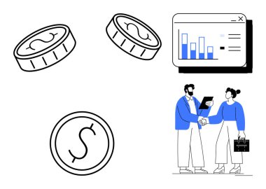 Madeni paralar, profesyoneller arasındaki el sıkışma ve ticaret, kâr, ortaklık, mali planlama, büyüme, yatırım ve takım çalışmasını temsil eden veri tablosu. Ekonomi stratejisi ve basit düzlük için ideal