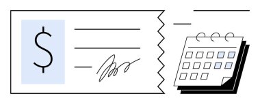 Dolar işareti, imza ve işaretli günleri olan takvimi kontrol et. Finans, bankacılık, muhasebe, bütçe, zaman yönetimi, maaş maaşı için ideal basit düz metafor