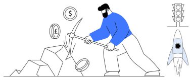 Kayalardan bozuk para çıkarmak için kazma kullanan bir adam. Roket ve trafik ışığı hızda ve karar verme mekanizmasında ipucu veriyor. Finans, yatırım, madencilik, teknoloji, girişimler, iş stratejisi için ideal