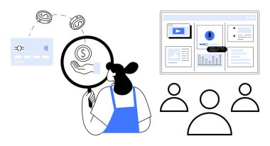 Kadın büyüteç, nakit akışı ve torpido gözleriyle parayı inceliyor. Finans, analitik, iş planlaması, kullanıcı araştırması, veri görselleştirmesi, hedef kitlesi, dijital