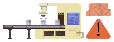 Fabrika makinesi bir taşıyıcı bandın üzerine uyarı sembolü koyarak kutuları yerleştiriyor. Üretim, otomasyon, kalite kontrol, güvenlik, lojistik, teknoloji ve iş akışı görselleştirme için ideal. Basit düz