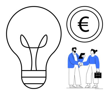 Yeniliği sembolize eden büyük bir ampul, finansı temsil eden avro sikkesi, el sıkışan iki iş adamı. Takım çalışması, finans, iş fikirleri, işbirliği, ortaklık, girişimcilik için ideal