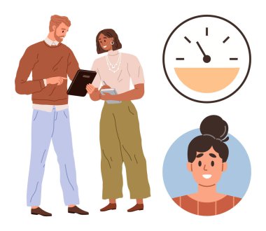 İkili çalışma notları, zamanı temsil eden saat ve gülümseyen portre takım çalışmasını, zaman yönetimini ve verimliliği teşvik ediyor. İş, eğitim, iletişim ve takım çalışması için ideal