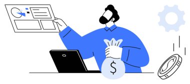 Dizüstü bilgisayarda çalışan bir adam, elinde dolar simgesiyle çanta tutuyor, mali raporları analiz ediyor. Finans, iş, yatırım, analitik, kâr amaçlı karar verme başarısı için idealdir. Basit düz metafor