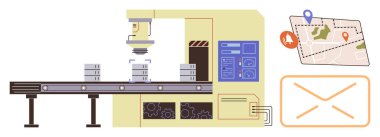Robot ambalaj makinesi, panel kontrolleri, zarf simgesi ve işaretli konum haritası altında taşıma bandı. Lojistik, otomasyon, imalat, dağıtım, tedarik zinciri teknolojisi için idealdir.