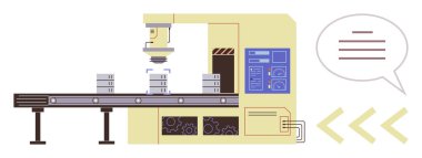 Fabrika taşıma bandı montajı. Üretim aşamasında robotik ekipman altında istiflenmiş eşyalar. Otomasyon, endüstri, üretim, robot bilimi, verimlilik, yenilik ve teknoloji için ideal. Basit.